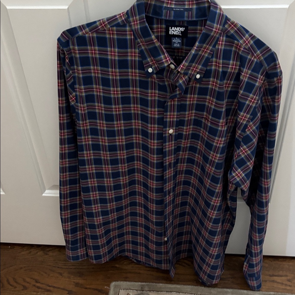 Lands' End Navy and Red Plaid Shirt